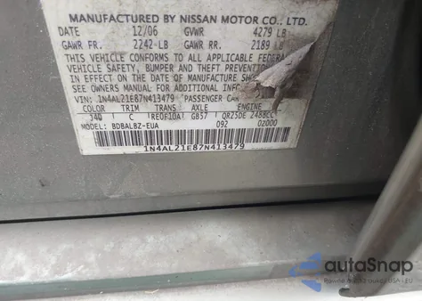 2007 Nissan Altima 2.5 S from USA, damaged, VIN 1N4AL21E87N413479